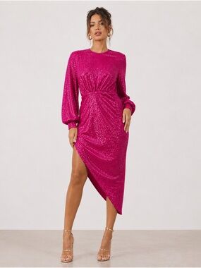 Boohoo Pink Magenta Fuchsia Sequin Asymmetrical Dress